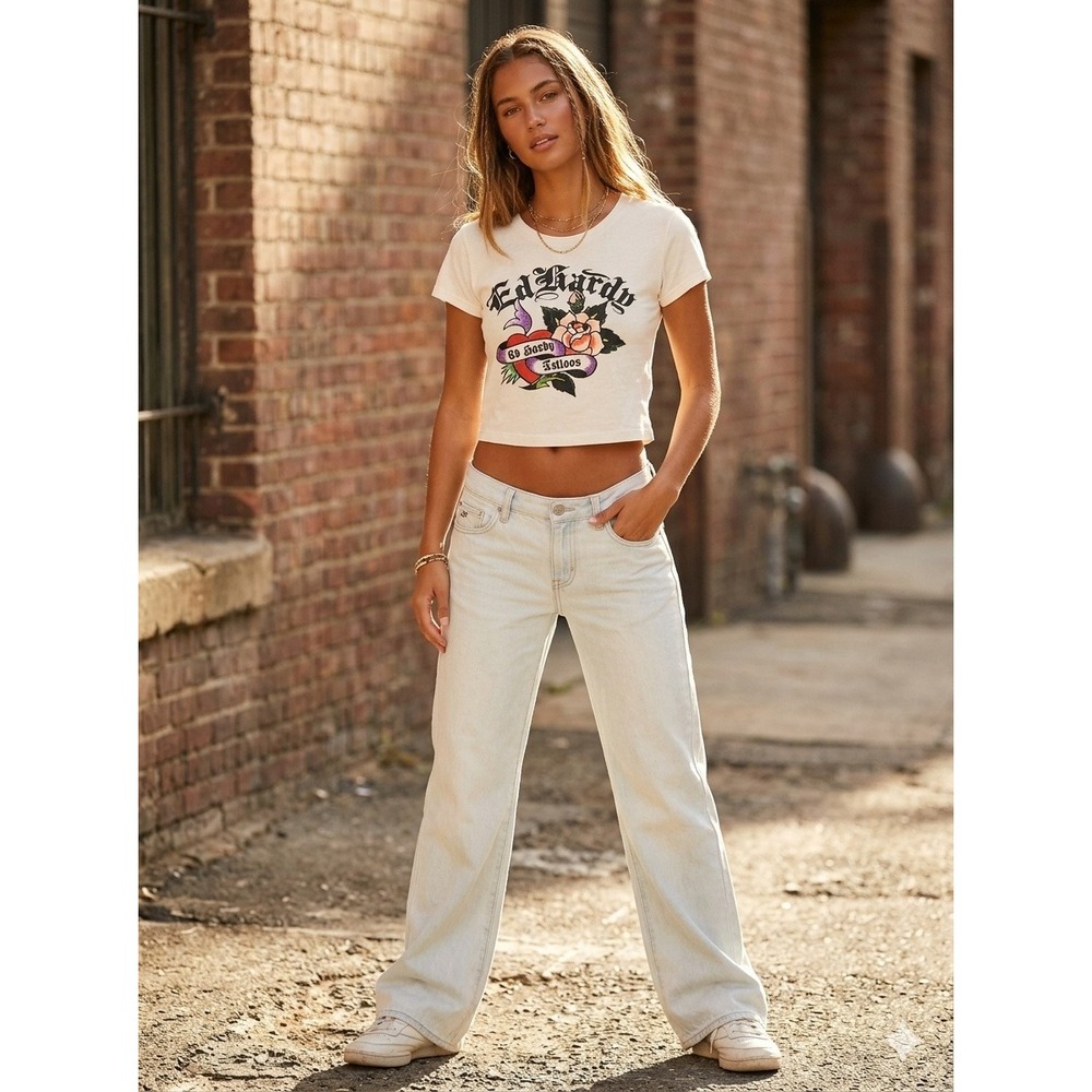 Ed Hardy Womens Ivory Crop‎ T-Shirt Tattoo Rose Heart Logo Large NEW
